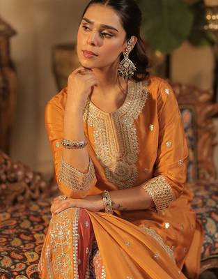 Ethnic Motifs Embroidered Round Neck Zari Straight Kurta & Palazzos With Dupatta 2