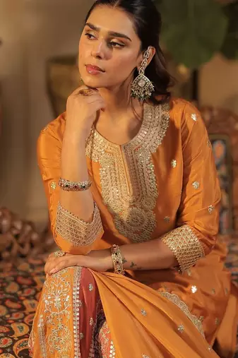 Ethnic Motifs Embroidered Round Neck Zari Straight Kurta & Palazzos With Dupatta