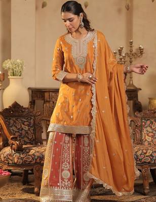 Ethnic Motifs Embroidered Round Neck Zari Straight Kurta & Palazzos With Dupatta 3
