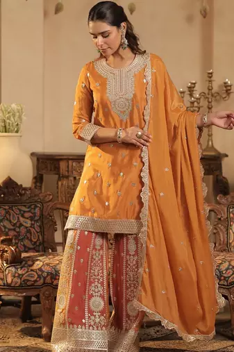 Ethnic Motifs Embroidered Round Neck Zari Straight Kurta & Palazzos With Dupatta