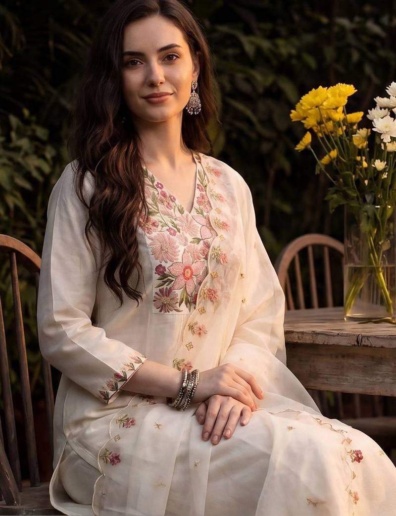 Women Floral Embroidered Thread Work Kurta with Trousers & With Dupatta