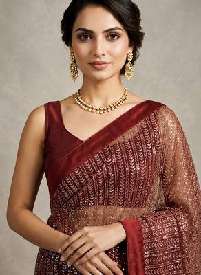 Maroon sequins embroidered georgette saree with banglori satin unstitched blouse 5