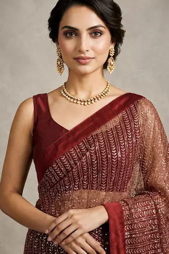 Maroon sequins embroidered georgette saree with banglori satin unstitched blouse