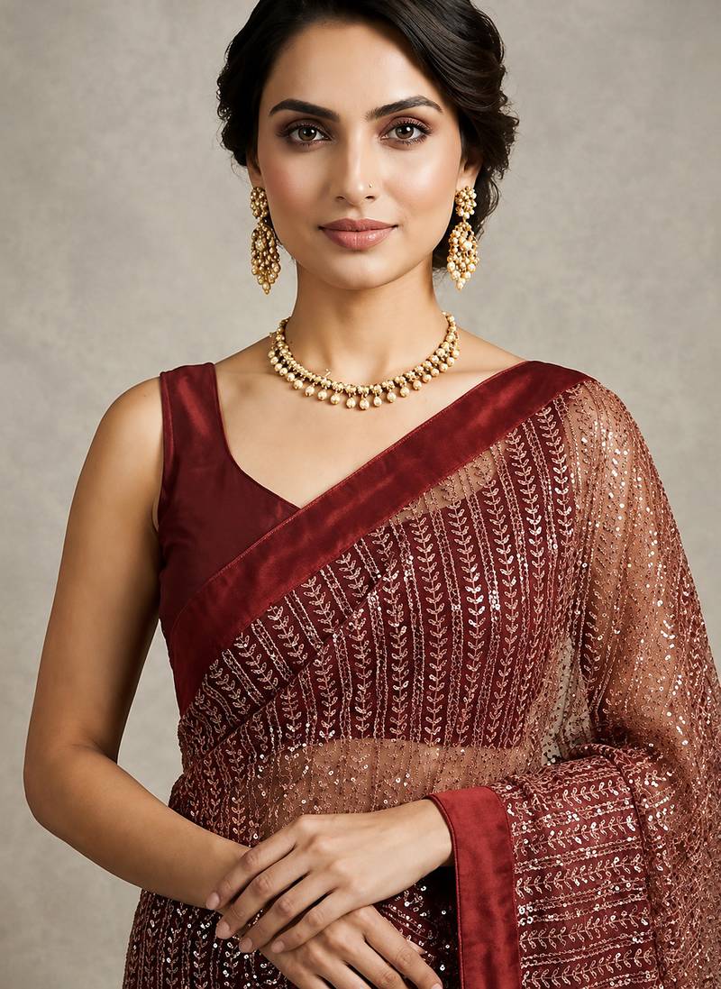 Maroon sequins embroidered georgette saree with banglori satin unstitched blouse