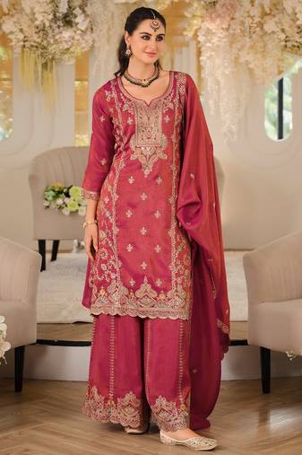 Women Ethnic Motifs Embroidered Panelled Mirror Work Kurta with Palazzos & With Dupatta