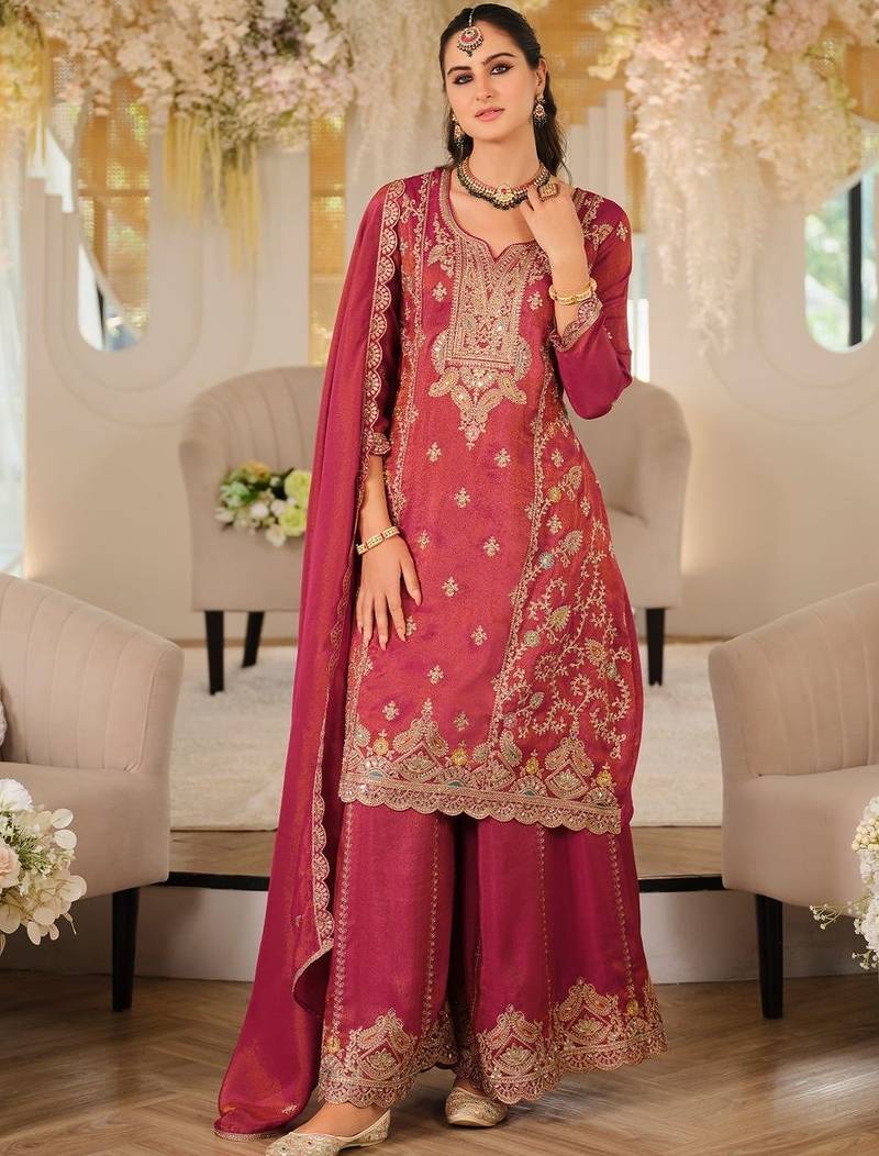 Women Ethnic Motifs Embroidered Panelled Mirror Work Kurta with Palazzos & With Dupatta