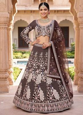 Embroidered Net Wine Lehenga Choli with  Dupatta 1