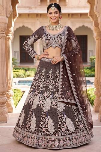 Embroidered Net Wine Lehenga Choli with  Dupatta