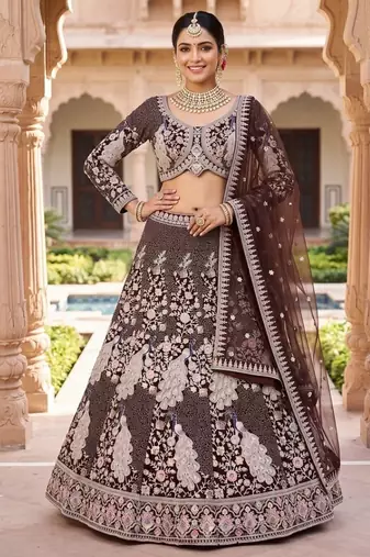 Embroidered Net Wine Lehenga Choli with  Dupatta