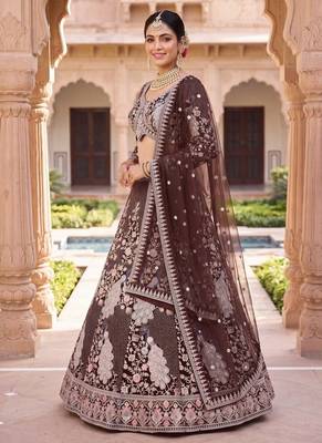 Embroidered Net Wine Lehenga Choli with  Dupatta 2