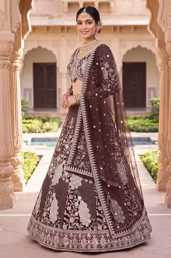 Embroidered Net Wine Lehenga Choli with  Dupatta