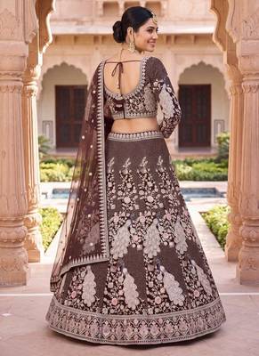 Embroidered Net Wine Lehenga Choli with  Dupatta 3