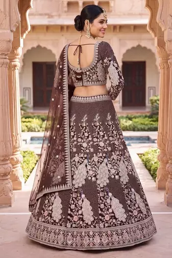 Embroidered Net Wine Lehenga Choli with  Dupatta