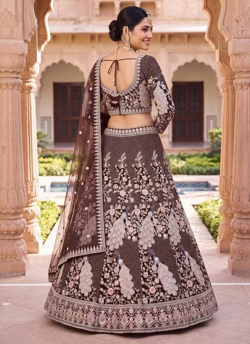 Embroidered Net Wine Lehenga Choli with  Dupatta