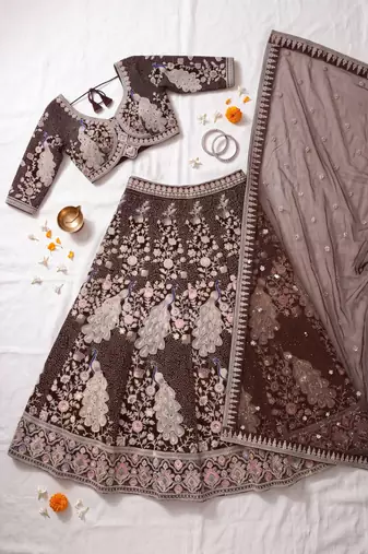 Embroidered Net Wine Lehenga Choli with  Dupatta