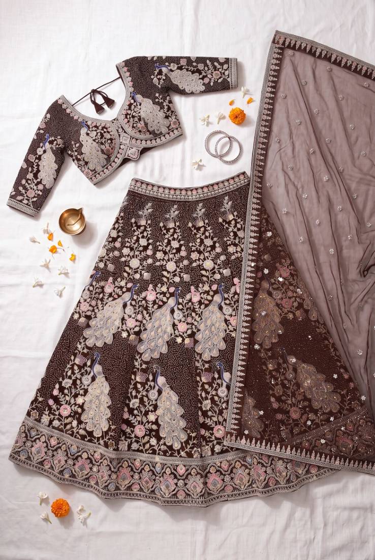 Embroidered Net Wine Lehenga Choli with  Dupatta
