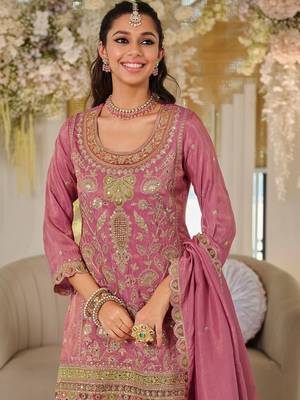 Women Ethnic Motifs Embroidered Thread Work Kurta with Sharara & With Dupatta 5