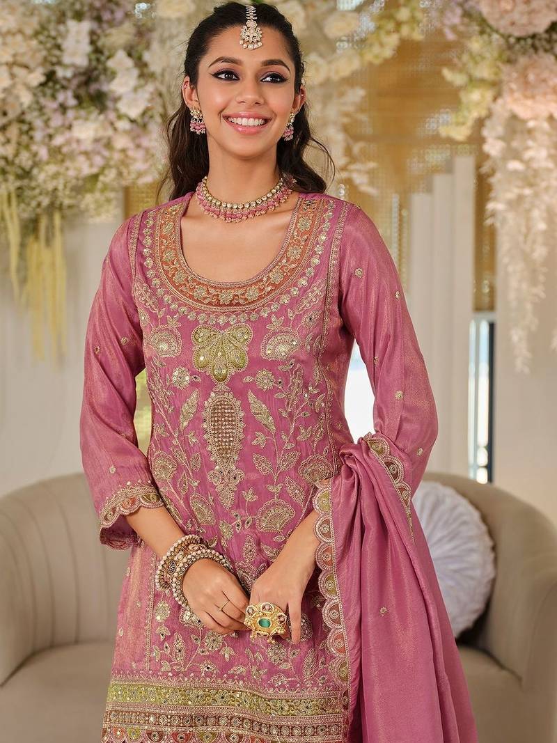 Women Ethnic Motifs Embroidered Thread Work Kurta with Sharara & With Dupatta