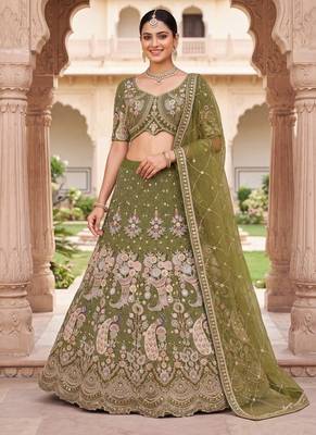 Olive Green Thread Work and Sequin Lehengas Choli  1