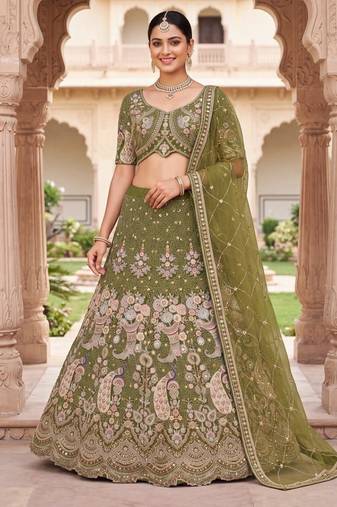 Olive Green Thread Work and Sequin Lehengas Choli 