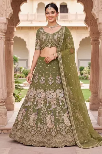 Olive Green Thread Work and Sequin Lehengas Choli 