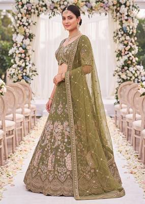 Olive Green Thread Work and Sequin Lehengas Choli  2