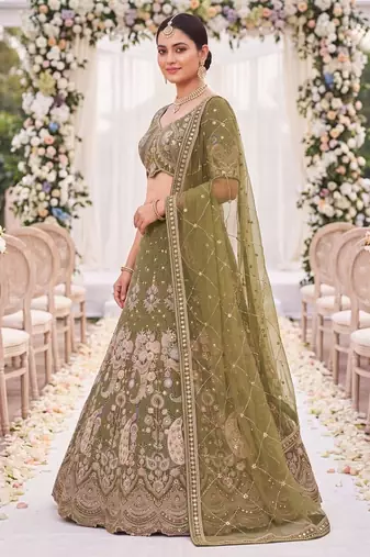 Olive Green Thread Work and Sequin Lehengas Choli 