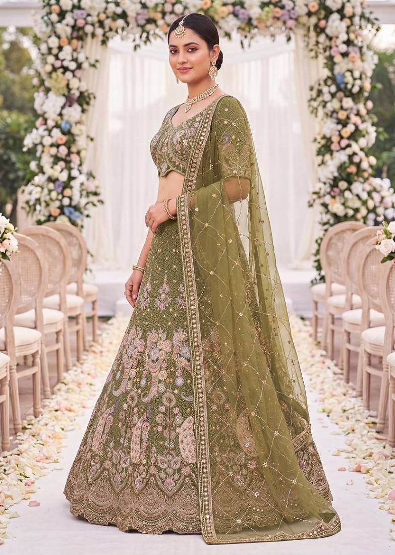 Olive Green Thread Work and Sequin Lehengas Choli 