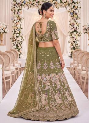 Olive Green Thread Work and Sequin Lehengas Choli  3