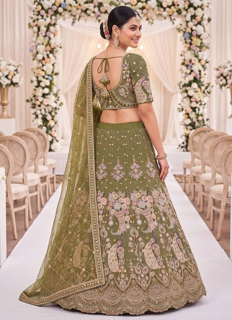 Olive Green Thread Work and Sequin Lehengas Choli 