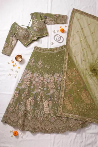 Olive Green Thread Work and Sequin Lehengas Choli 
