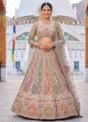 Beige Peacock Motifs and hand Embroidery Lehenga choli 1