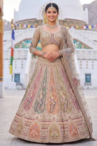 Beige Peacock Motifs and hand Embroidery Lehenga choli