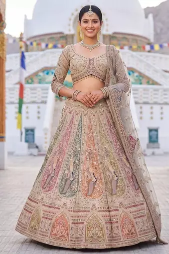 Beige Peacock Motifs and hand Embroidery Lehenga choli