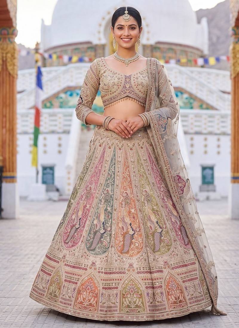 Beige Peacock Motifs and hand Embroidery Lehenga choli