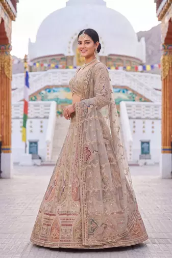 Beige Peacock Motifs and hand Embroidery Lehenga choli