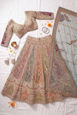 Beige Peacock Motifs and hand Embroidery Lehenga choli 4
