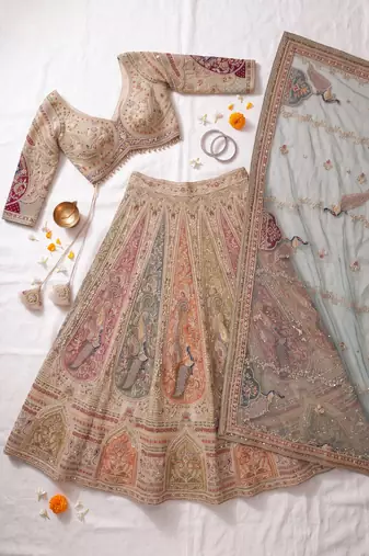 Beige Peacock Motifs and hand Embroidery Lehenga choli