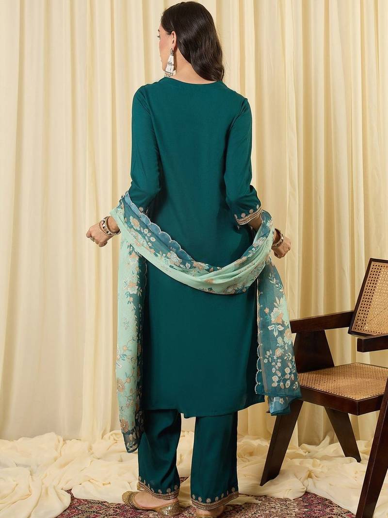 Women Ethnic Motifs Embroidered Thread Work Kurta with Trousers & With Dupatta