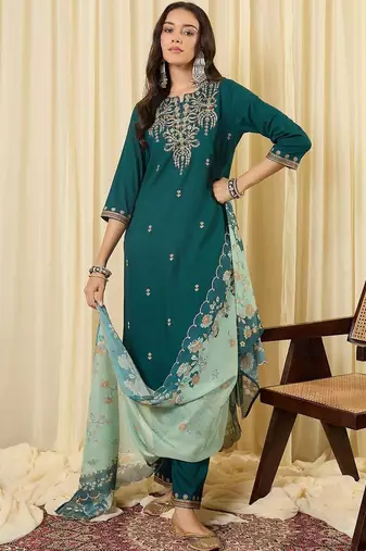 Women Ethnic Motifs Embroidered Thread Work Kurta with Trousers & With Dupatta