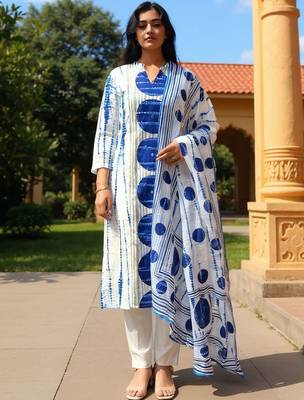 Women Geometric Printed Cotton Kurta with Trousers & Dupatta 1