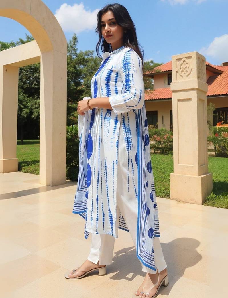 Women Geometric Printed Cotton Kurta with Trousers & Dupatta