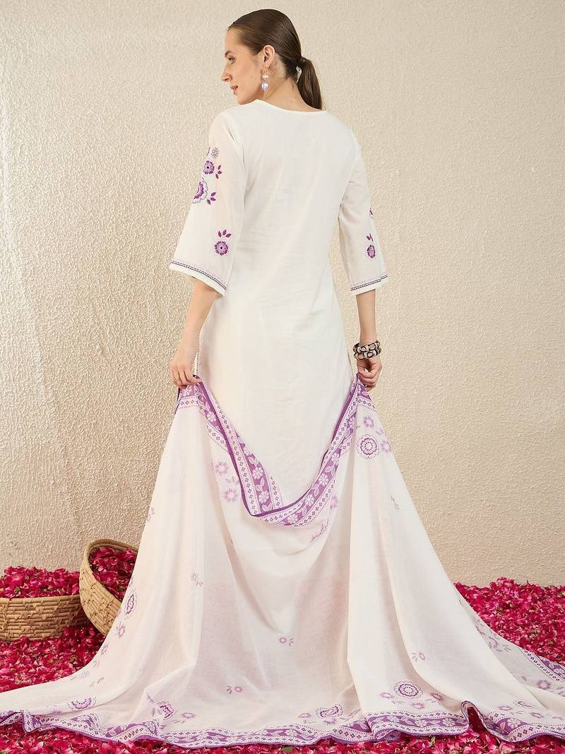 Women Floral Embroidered Thread Work Cotton Kurta with Trousers & With Dupatta