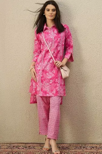 Women Floral Printed Thread Work Cotton Kurta with Trousers