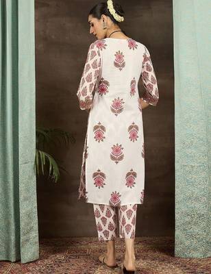 Ethnic Motifs Printed Cotton V-Neck Straight Kurta with Trousers 5