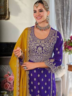 Women Ethnic Motifs Embroidered Thread Work Kurta with Sharara & With Dupatta 5