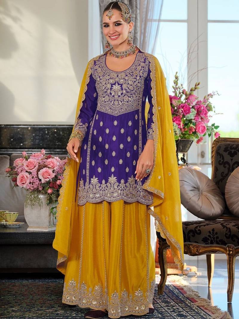 Women Ethnic Motifs Embroidered Thread Work Kurta with Sharara & With Dupatta