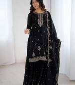  embroidery crunchy silk blend straight kurta sharara and dupatta set