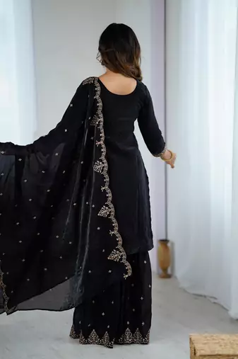  embroidery crunchy silk blend straight kurta sharara and dupatta set