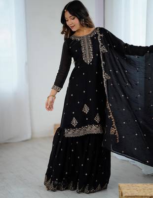  embroidery crunchy silk blend straight kurta sharara and dupatta set 4
